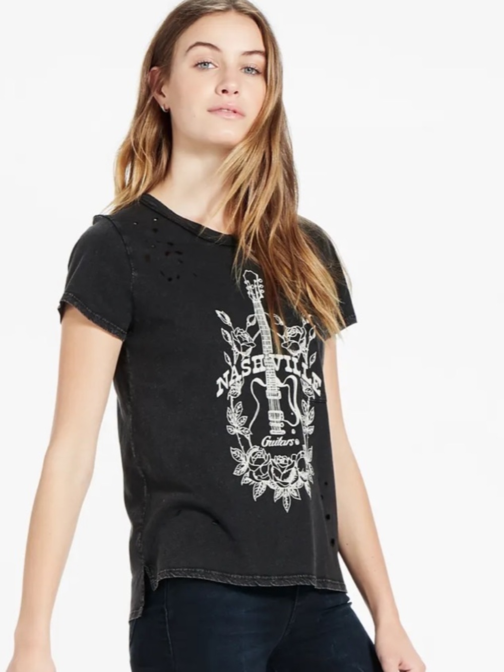 LUCKY BRAND T-Shirt Womens Small Black Distressed Nashville Guitar Roses Graphic - Picture 5 of 15